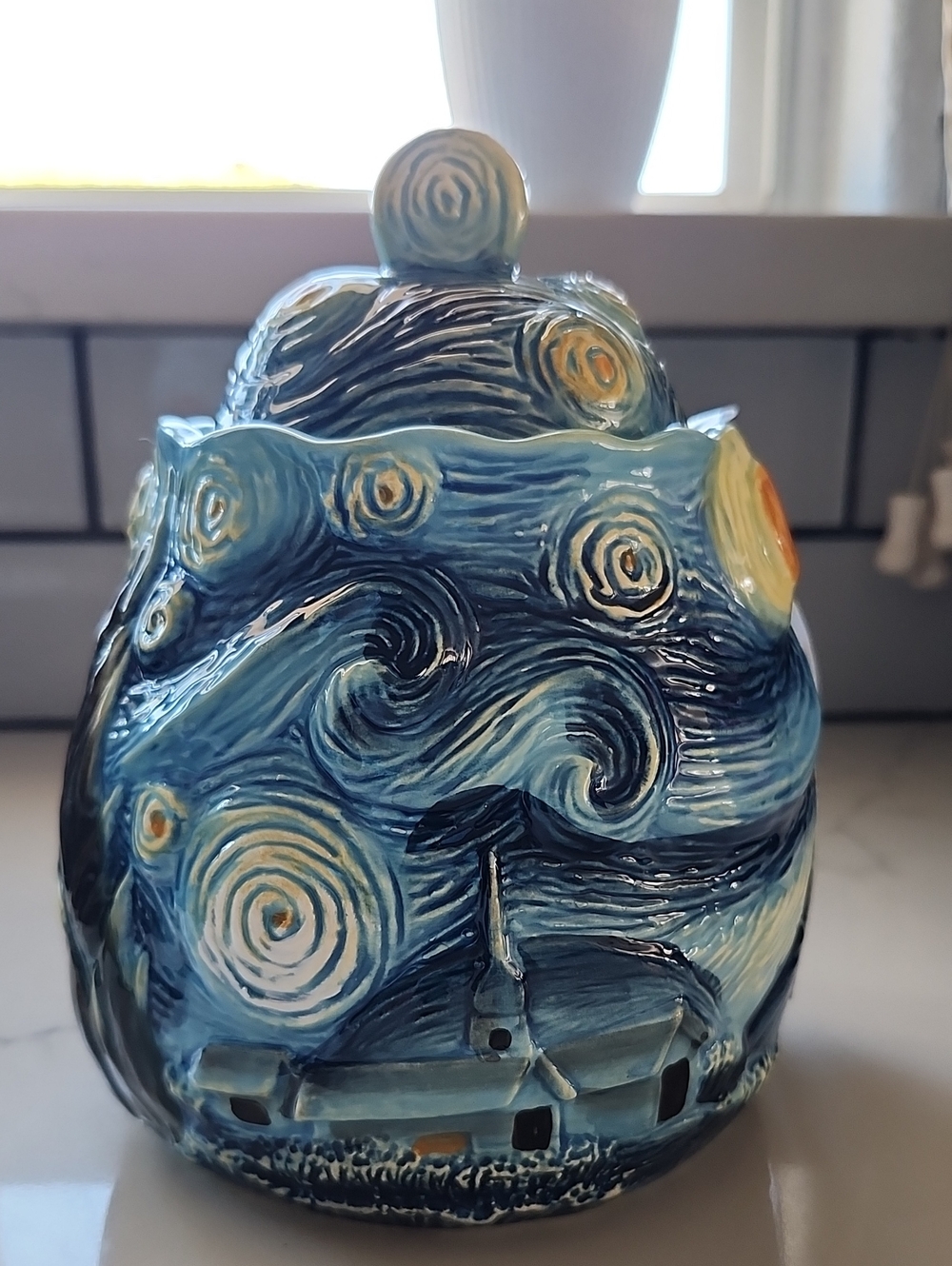 Blue Swirl Ceramic Art Canister - Starry Night Vah Gogh Inspired